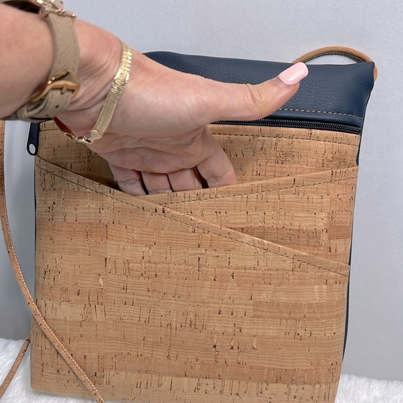 Natalie Therese Genuine Cork with Faux Navy Leather Medium Crossbody NWT - Picture 2 of 11